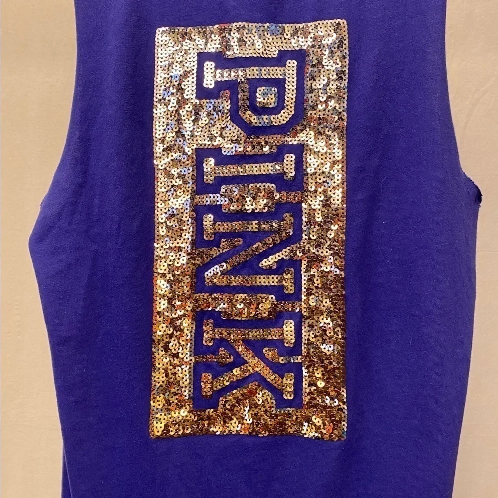 PINK Victoria’s Secret Size Small Purple Sequins Logo Tank Top, Raw Underarm Hem - Picture 3 of 8